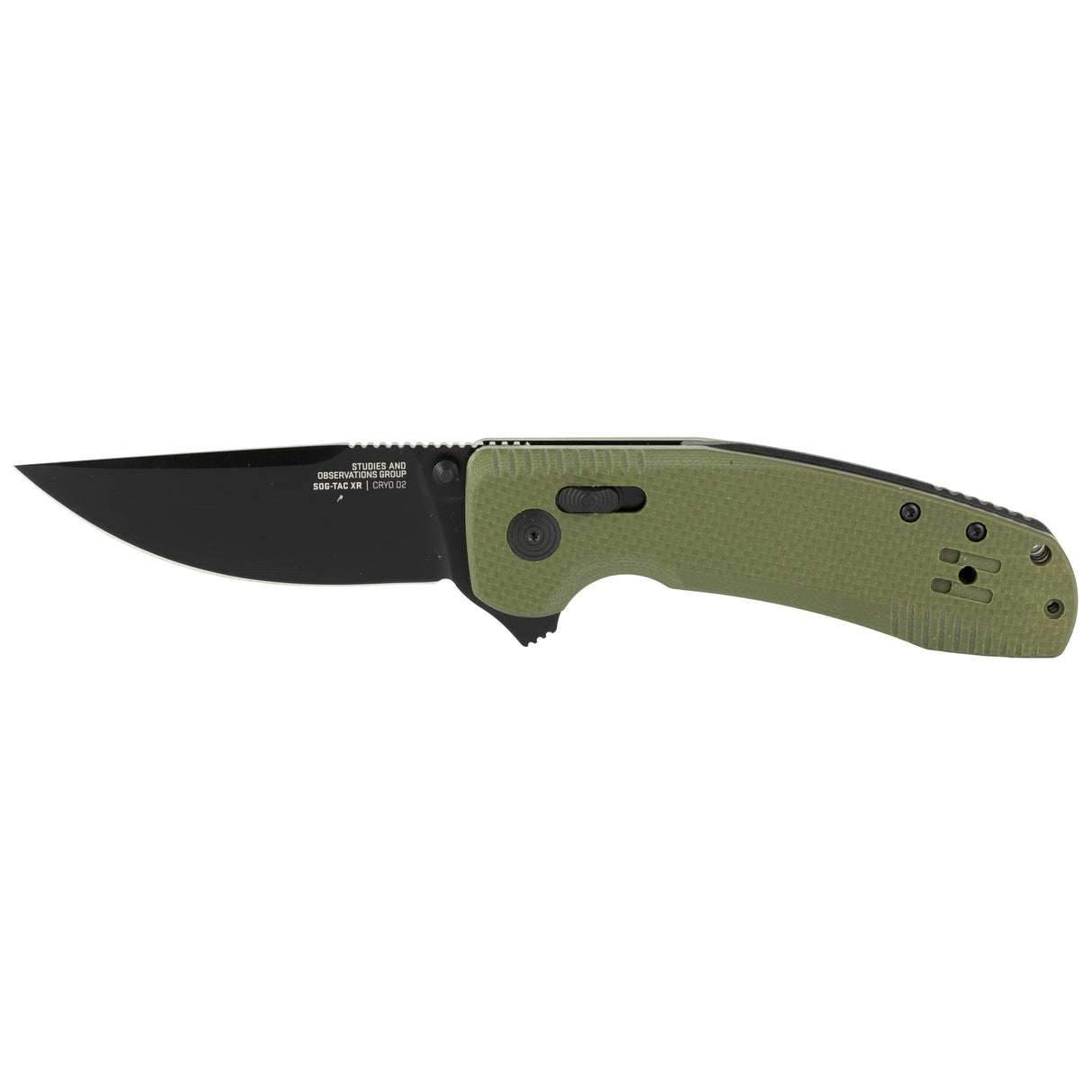 S.O.G SOG12380241 SOG-TAC XR 3.39" Folding Clip Point Plain Black TiNi Cryo D2 Steel Blade OD Green G10 Handle Includes Pocket Clip