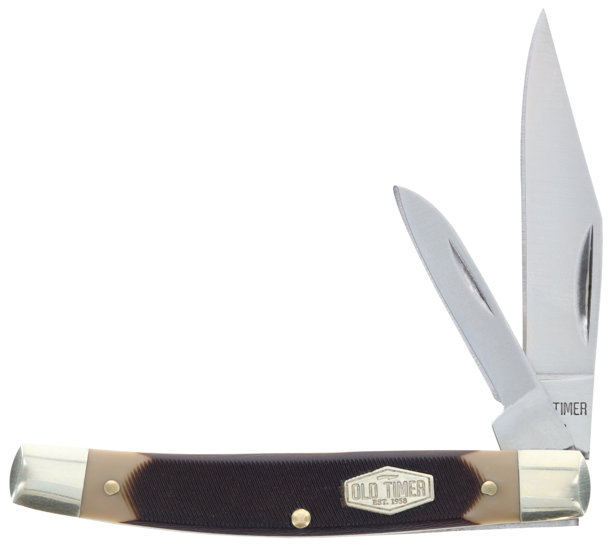 Old Timer 1179231 Middleman Jack 2.50" 1.70" Folding Clip/Sheepsfoot Plain Stainless Steel Blade Black/Tan Sawcut Bone Handle