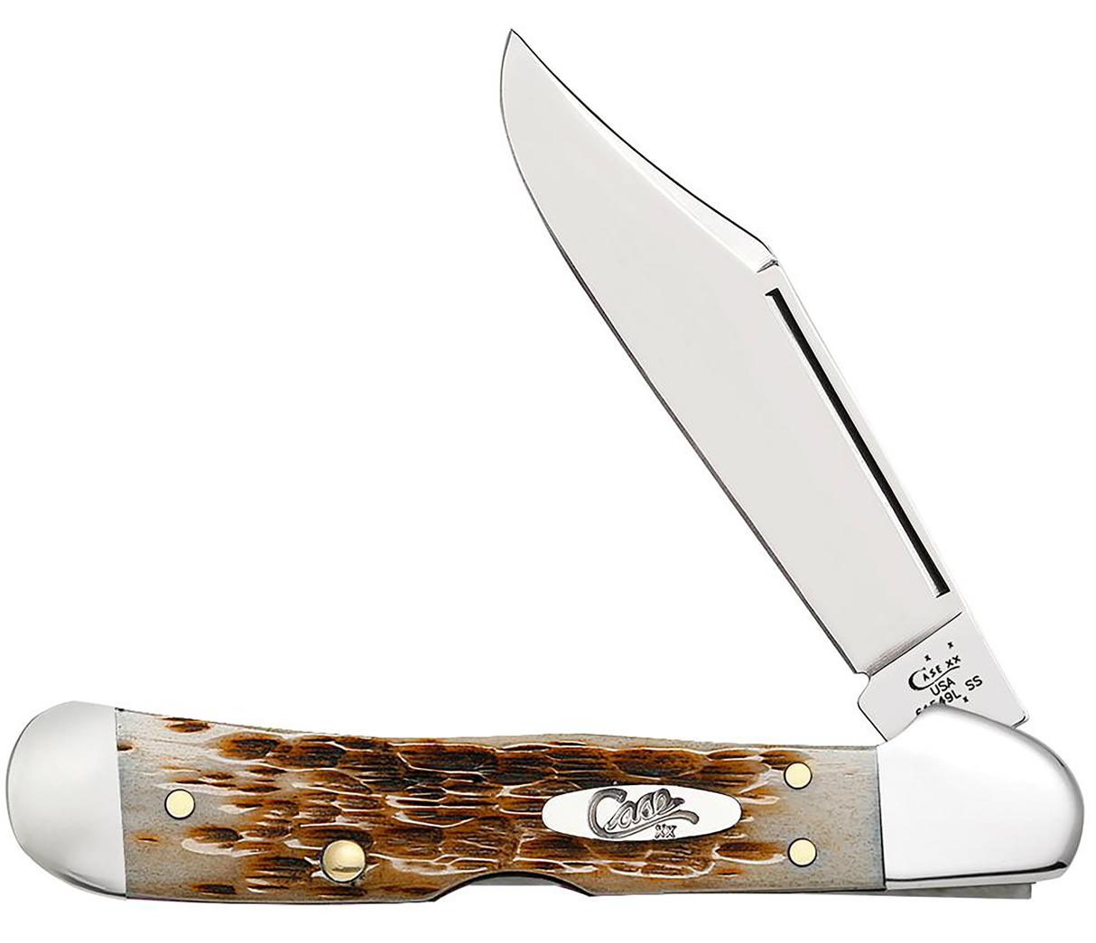 Case 00133 CopperLockMini 2.72" Folding Clip Point Plain Mirror Polished Tru-Sharp SS Blade/Peach Seed Jigged Amber Bone Handle