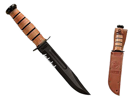 Ka-Bar 1218 USMC Fight/Utility 7" Fixed Clip Point Part Serrated Black 1095 Cro-Van Blade Brown Leather Handle Includes Sheath