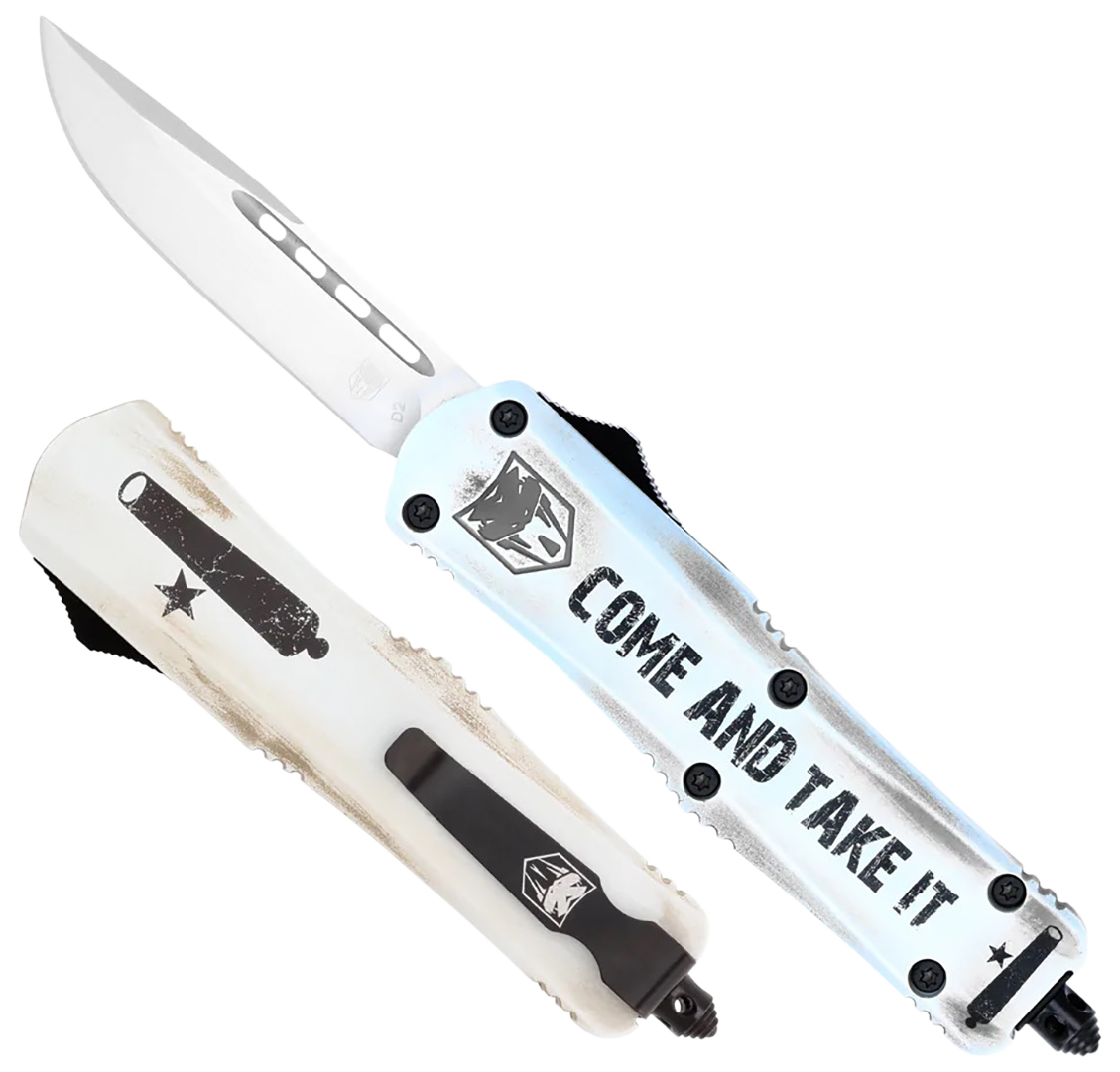 CobraTec Knives SCATIFS3DNS FS-3 Come And Take It Small 3" OTF Drop Point Plain D2 Steel Blade 4.50" White "Come And Take It" Aluminum Cerakoted Handle Includes Glass Breaker/Pocket Clip