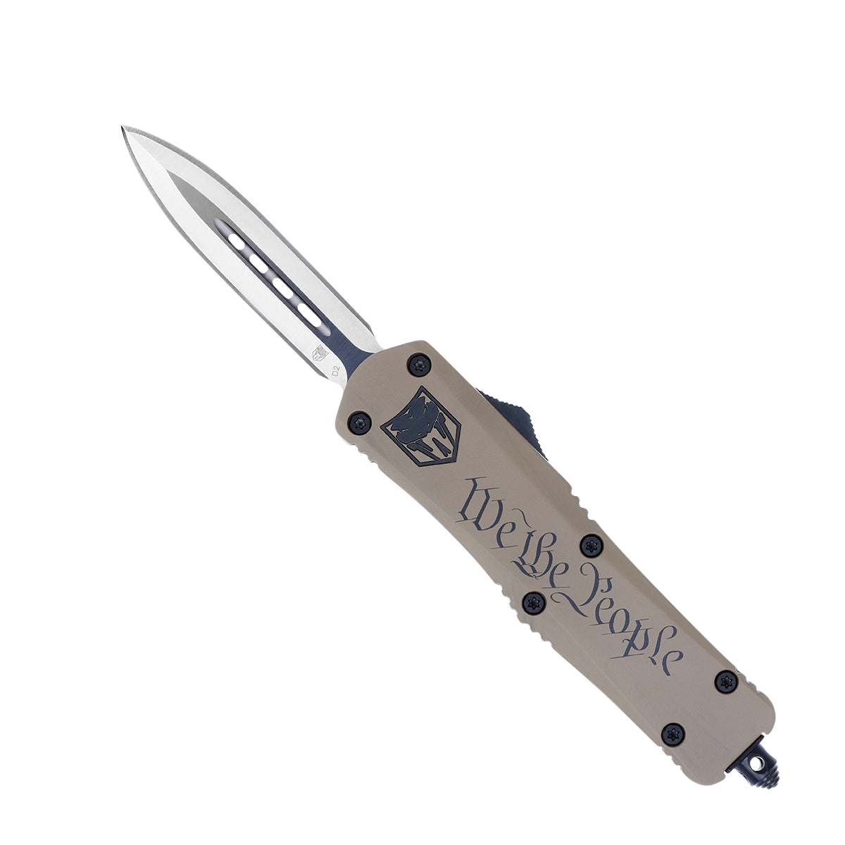 CobraTec Knives MWTPFS3DAGNS We The PeopleMedium 3" OTF Dagger Plain D2 Steel Blade/Tan w/"We The People" Features Glass Breaker Includes Pocket Clip