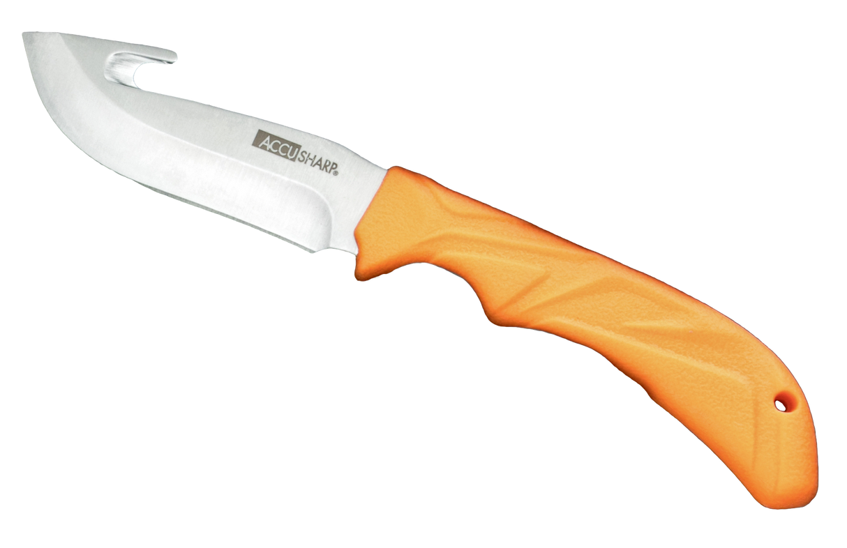 AccuSharp 729C Gut Hook3.50" Fixed Gut Hook Plain Stainless Steel Blade/Blaze Orange Rubber Handle Includes Belt Carry Pouch