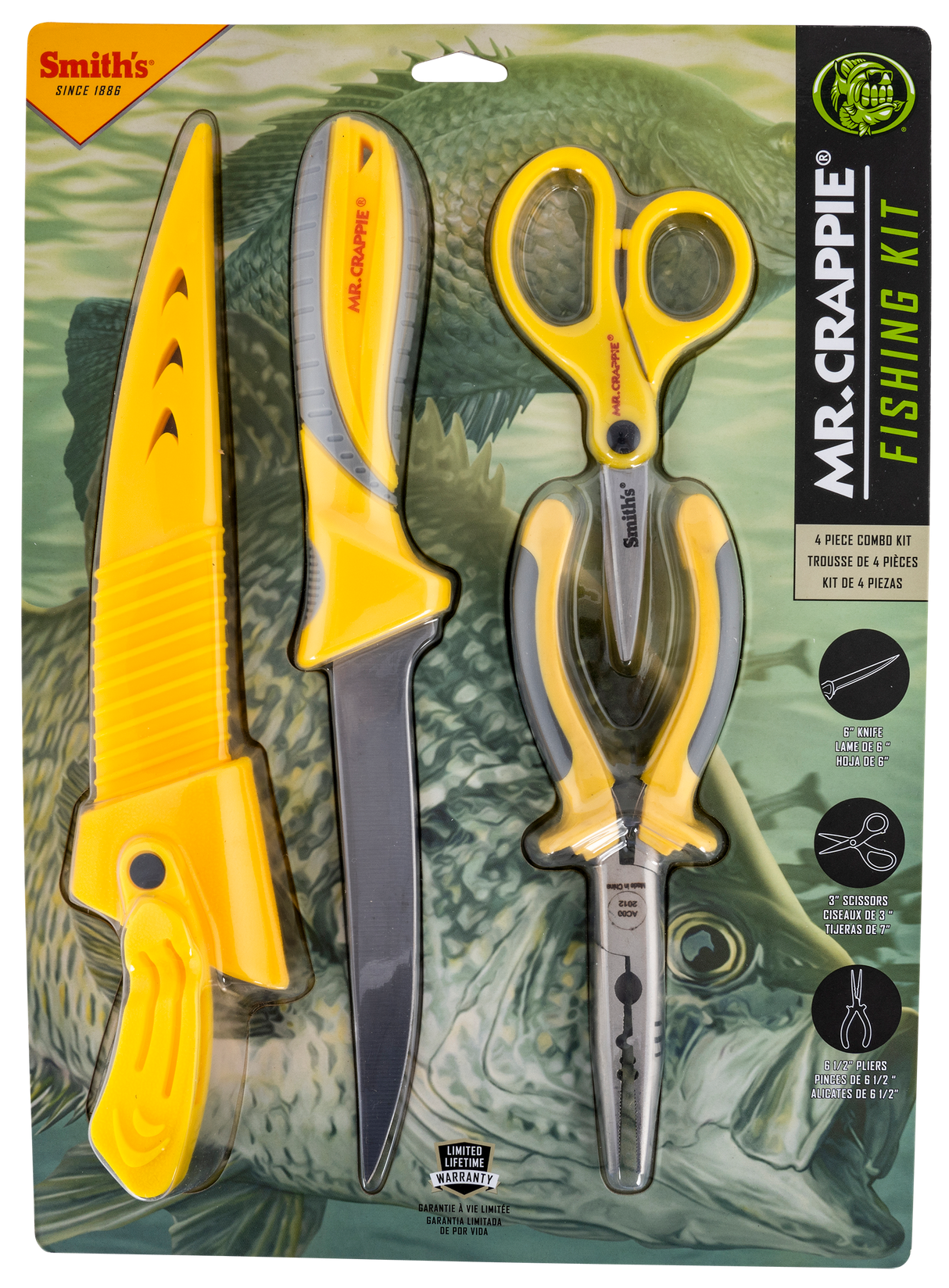 Smiths Products 51232 Mr. Crappie Fishing Combo 6" Fixed Fillet Plain 400 Stainless Steel Blade Gray/Yellow TPE Handle Features Braid Line Scissors/Pliers Includes Pliers/Scissors/Sheath