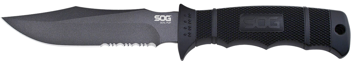 S.O.G SOGM37K Seal Pup4.75" Fixed Clip Point Part Serrated Powder Coated AUS-8A SS Blade Black w/Raised Diamond Pattern GRN Handle Includes Sheath