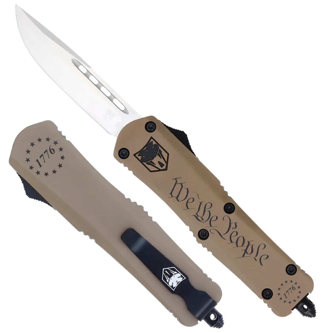 CobraTec Knives SWTPFS3DNS FS-3 We The People Small Aluminum Cerakoted OTF Drop Point Plain D2 Steel Blade Tan "We The People" Aluminum Handle Includes Glass Breaker/Pocket Clip