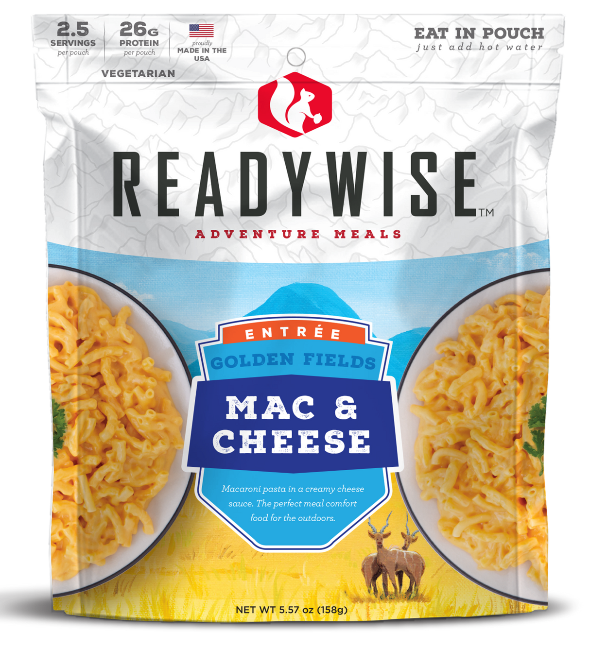 ReadyWise RW05009 Outdoor Food Kit Golden Fields Mac and Cheese 2.5 Servings In A Resealable Pouch, 6 Per Case