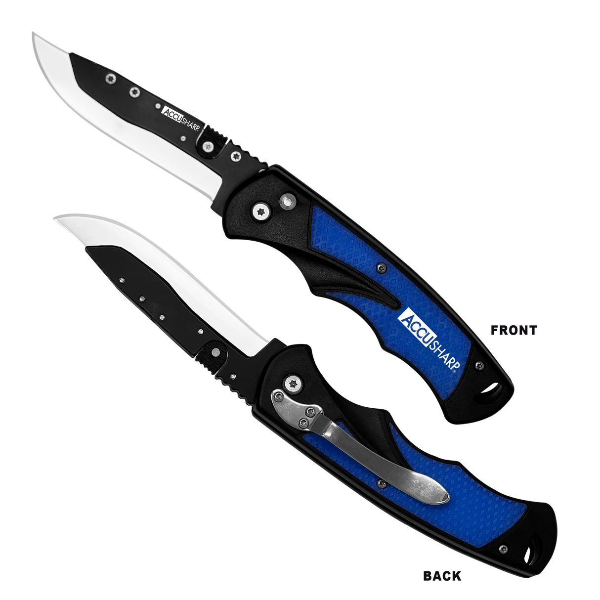 AccuSharp 743C Replaceable Blade Razor3.50" Folding Plain Stainless Steel Blade/Royal Blue Ergonomic Anti-Slip Anodized Aluminum Handle/Includes 2 Replacement Blades/Belt Clip