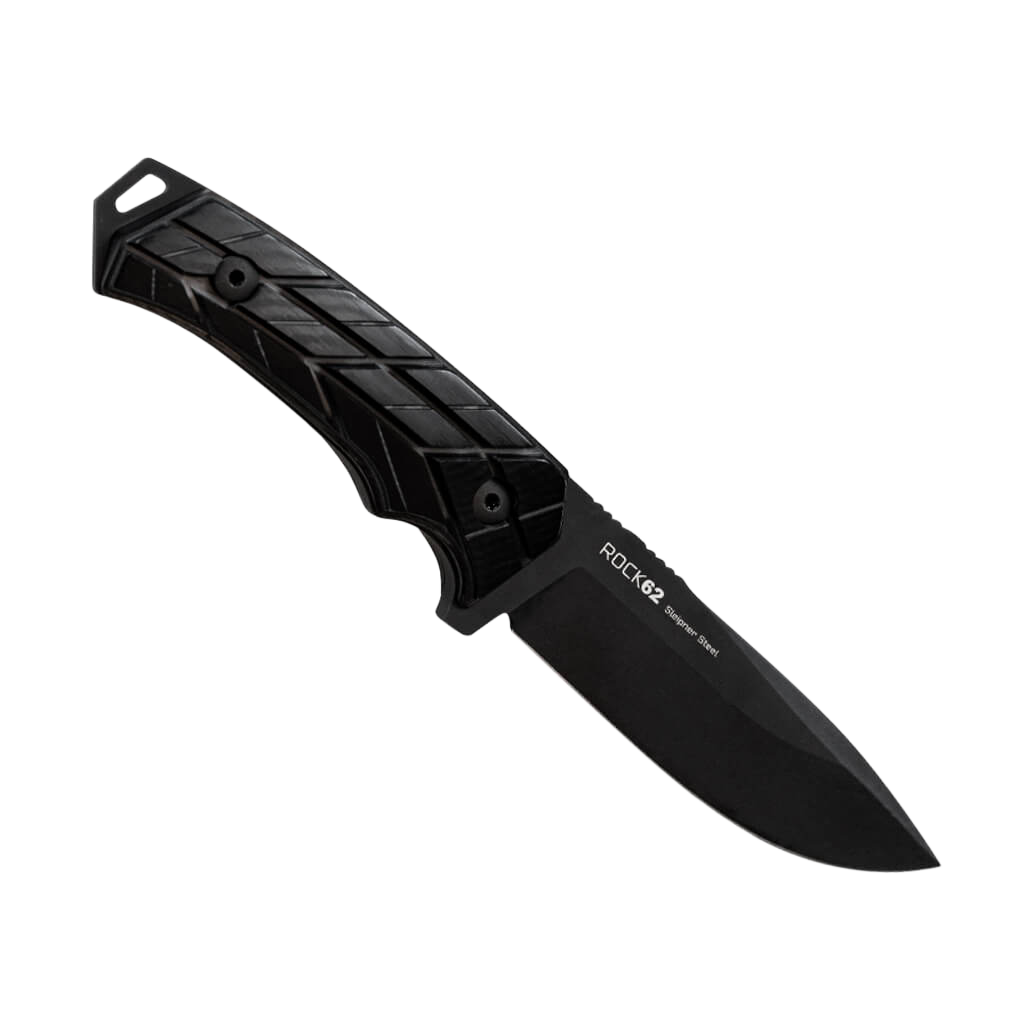 Woox BUKNF00114 Rock 62 X-Grip 4.25" Fixed Plain Stonewashed Sleipner Steel Blade 4.75" Black X-Grip Micarta Handle