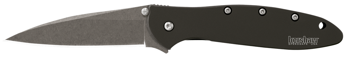 Kershaw 1660SWBLK Leek3" Folding Drop Point Plain Stonewashed 14C28N Steel Blade Black Anodized Aluminum Handle Includes Pocket Clip