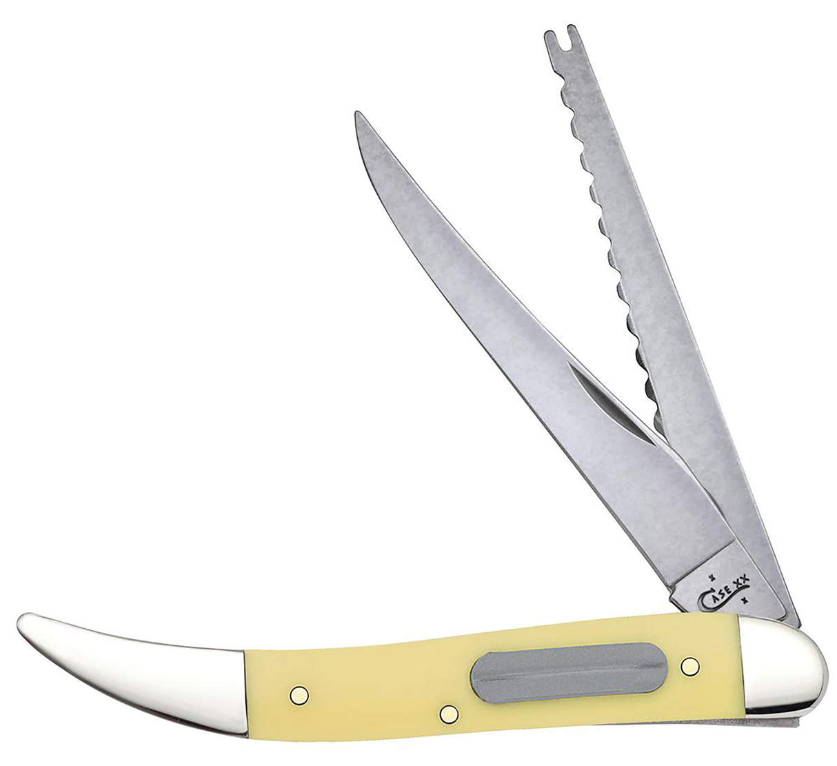 Case 00120 Fishing3.40" Folding Clip/Fish Scaler Plain/Serrated Tumble Polish Tru-Sharp SS Blade/ Yellow Synthetic Handle