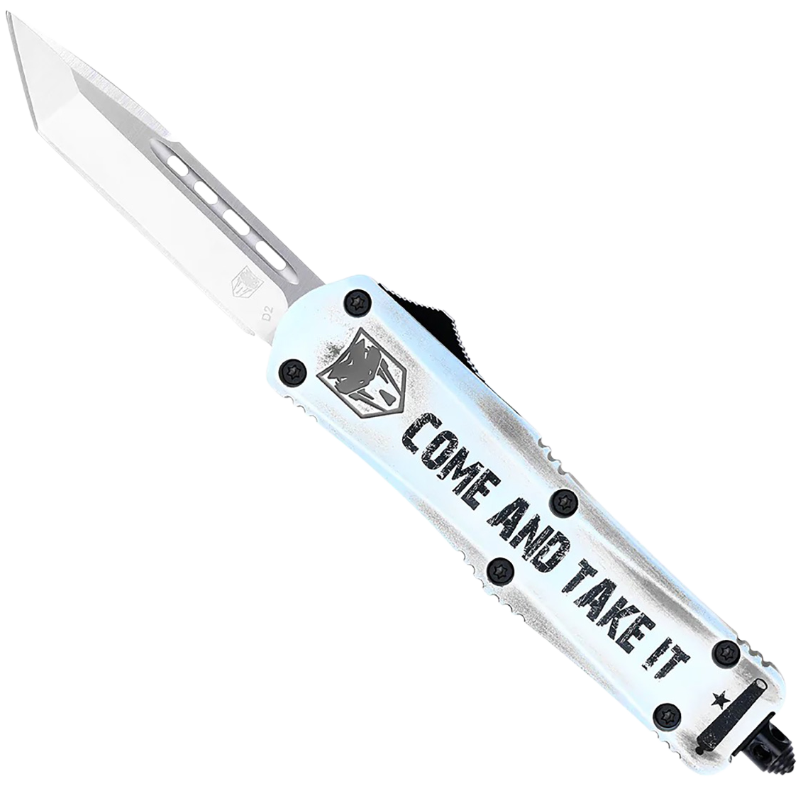 CobraTec Knives SCATIFS3TNS FS-3 Come And Take It Small 3" OTF Tanto Plain D2 Steel Blade 4.50" White "Come And Take It" Aluminum Cerakoted Handle Includes Glass Breaker/Pocket Clip