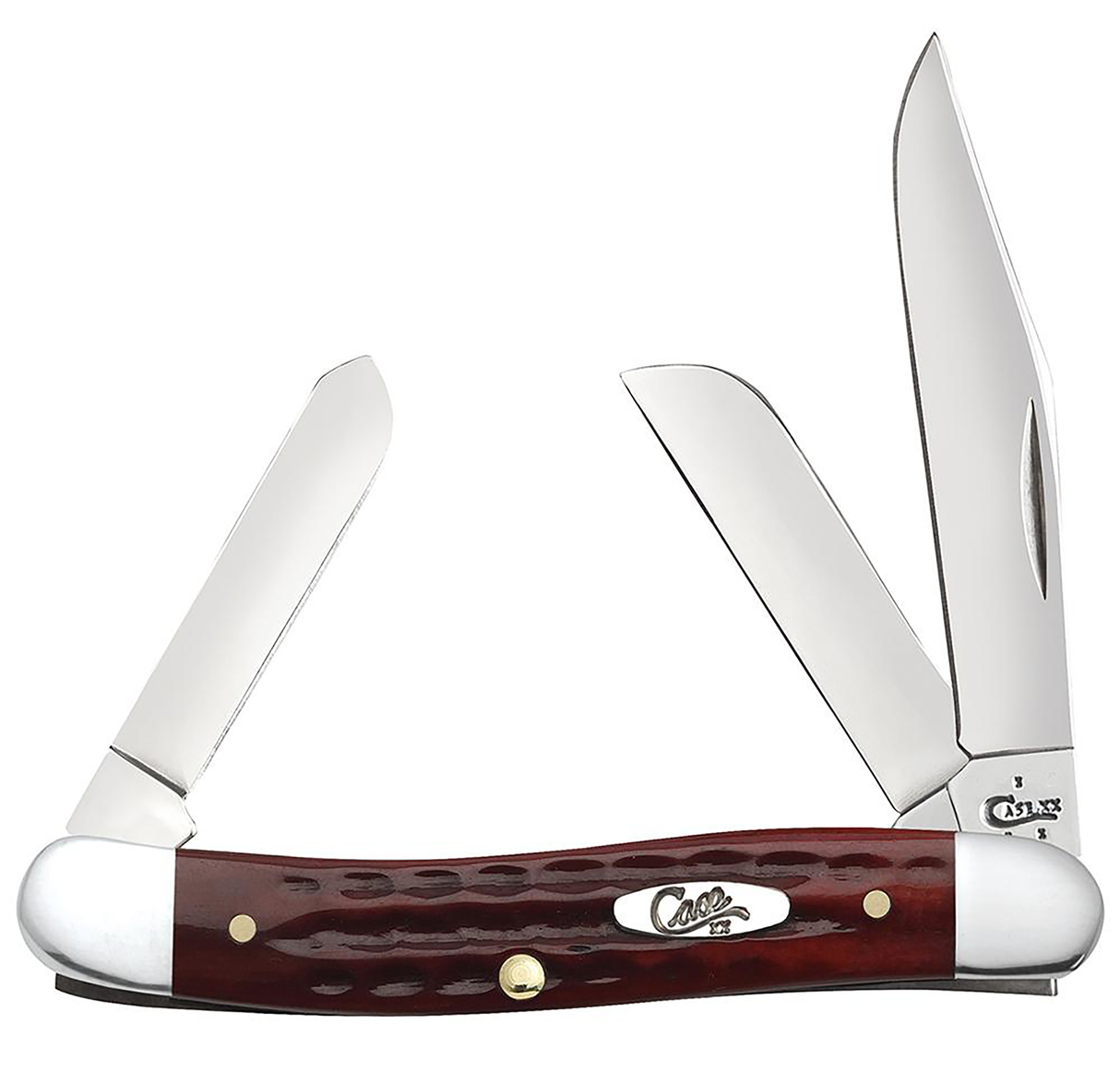 Case 00786 StockmanMedium 2.57"/1.88"/1.71" Folding Clip/Sheepsfoot/Spey Plain Mirror Polished Tru-Sharp SS Blade/Corn Cob Jigged Old Red Bone Handle