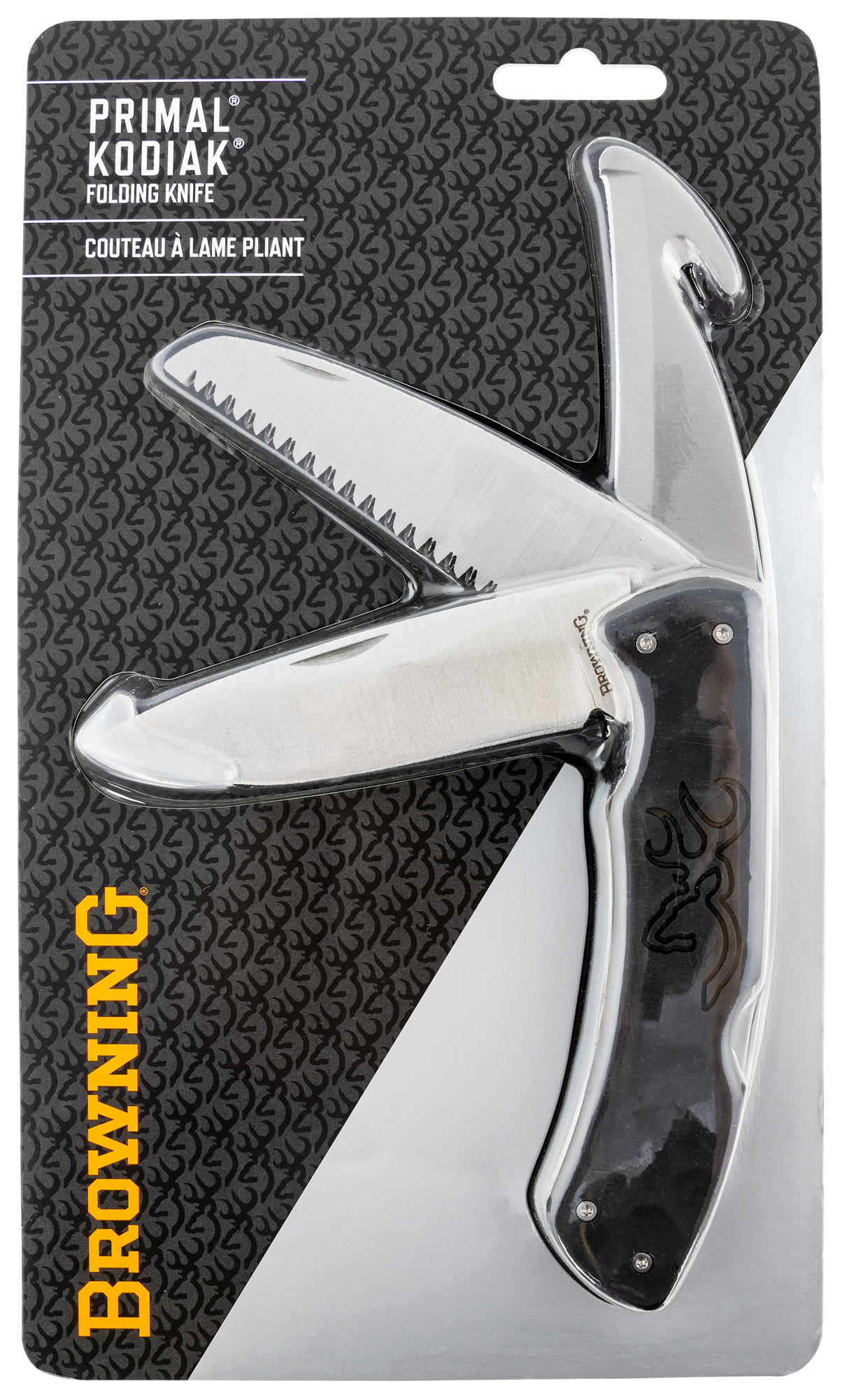 Browning 3220430 Primal Kodiak Slim 3.75" Folding Drop Point/Gut Hook/Saw 8Cr13MoV SS Blade Black Polymer w/Rubber Overmold Handle Includes Nylon Belt Pouch