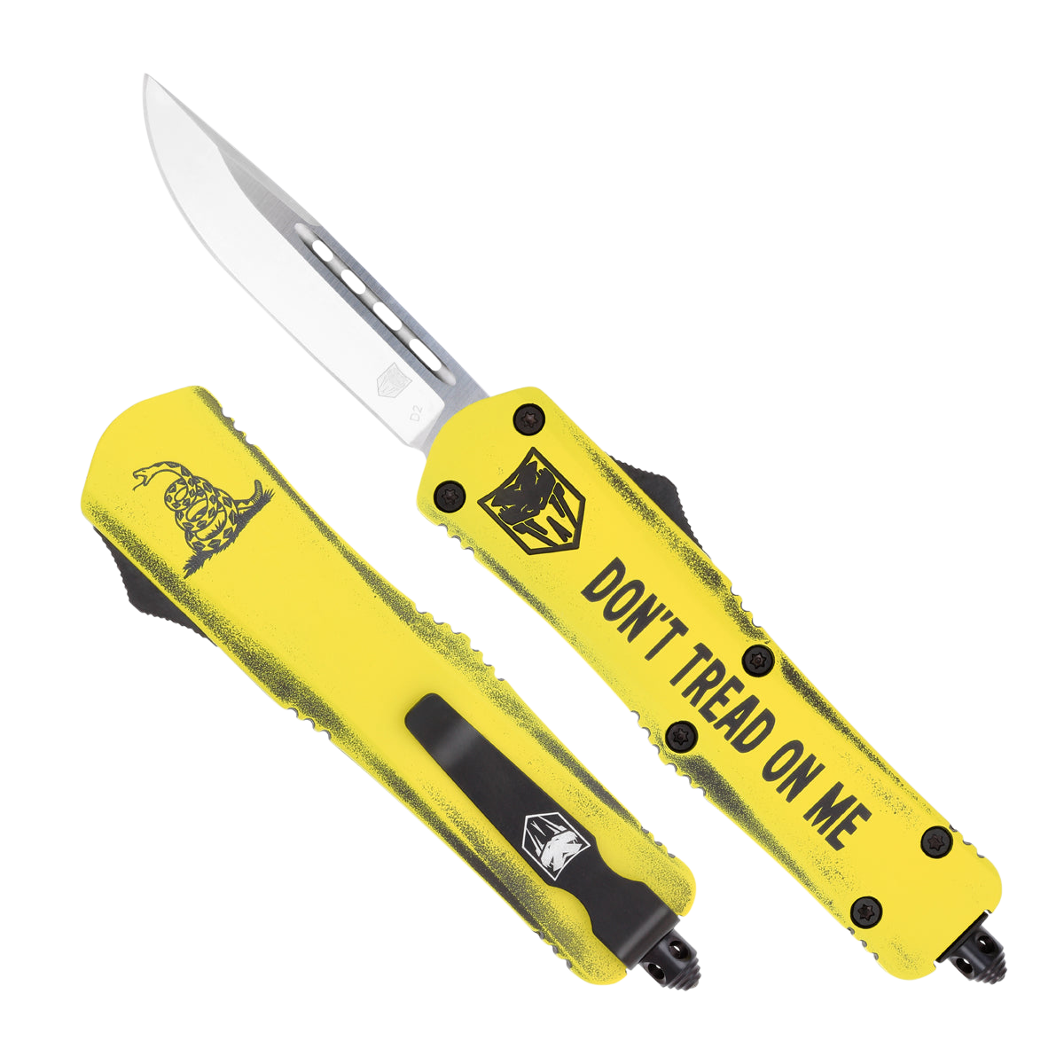 CobraTec Knives MDTOMFS3DNS FS-3 Don't Tread On Me Medium 3" OTF Drop Point Plain D2 Steel Blade Yellow w/"Don't Tread On Me" Aluminum Cerakoted Handle Features Glass Breaker Includes Pocket Clip