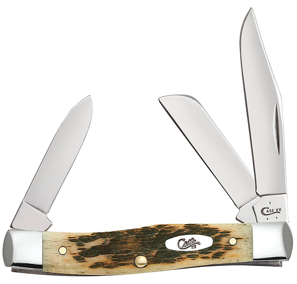 Case 00079 StockmanMedium 2.57"/1.88"/1.76" Folding Clip/Sheepsfoot/Pen Plain Mirror Polished Chrome Vanadium Steel Blade/Peach Seed Jigged Amber Bone Handle