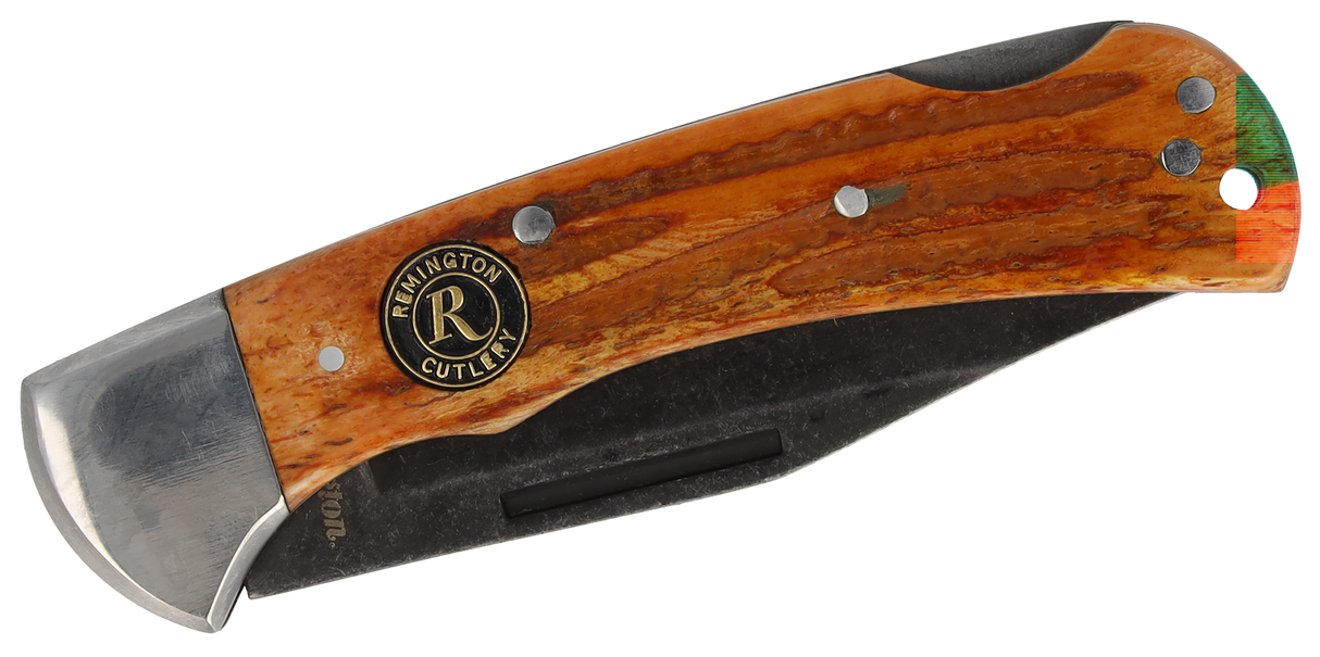 Remington Accessories 15646 Backwoods Lock Back Stonewashed Carbon Steel Blade Coffee Brown w/Remington Medallion Bone Handle