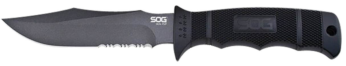 S.O.G SOGM37NCP Seal Pup4.75" Fixed Clip Point Part Serrated Powder Coated AUS-8A SS Blade Black w/Raised Diamond Pattern GRN Handle Includes Lanyard/Sheath