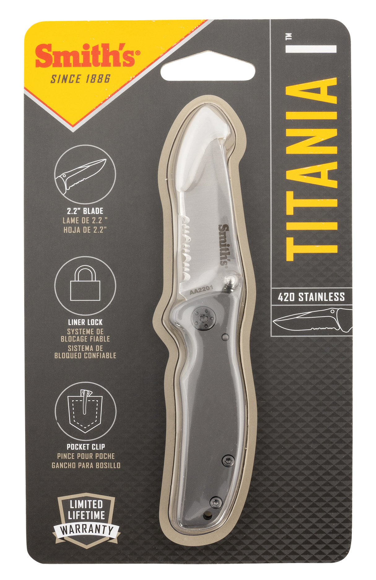 Smiths Products 51007 Titania I 2.20" Folding Drop Point Part Serrated Satin Titanium Coated Stainless Steel Blade/ Stainless Steel Handle Includes Pocket Clip