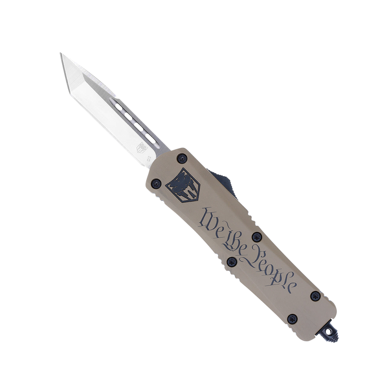 CobraTec Knives MWTPFS3TNS FS-3 We The People Medium 3" OTF Tanto Plain D2 Steel Blade Tan w/"We The People" Aluminum Cerakoted Handle Features Glass Breaker Includes Pocket Clip