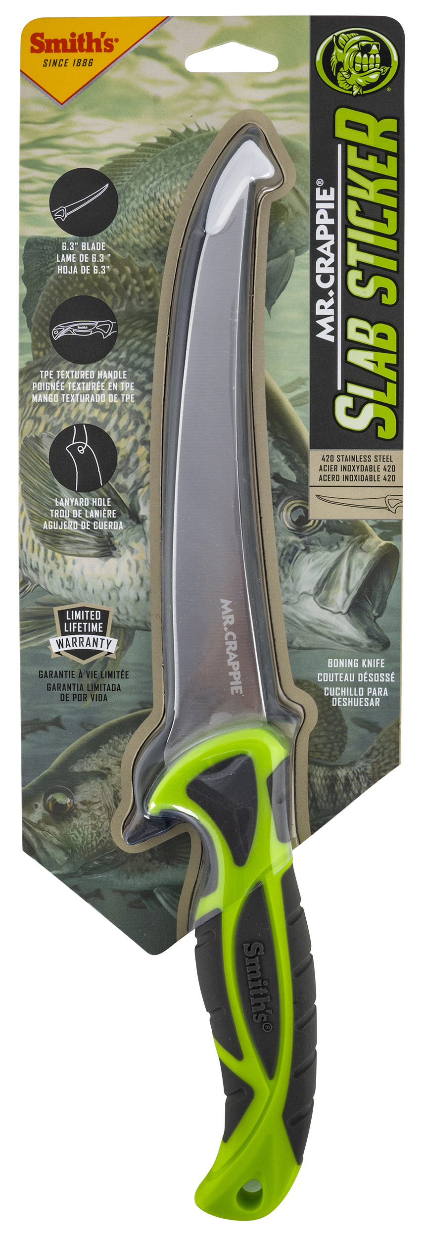 Smiths Products 51208 Mr. Crappie Curved Slab Sticker 6" Fixed Fillet Plain 420HC SS Blade Gray/Green TPE Handle Includes Sheath