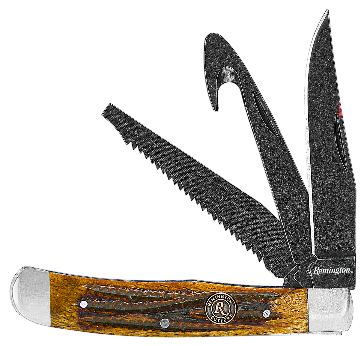 Remington Accessories 15648 Backwoods Trapper Folding Stonewashed Carbon Steel Blade Coffee Brown w/Remington Medallion Bone Handle