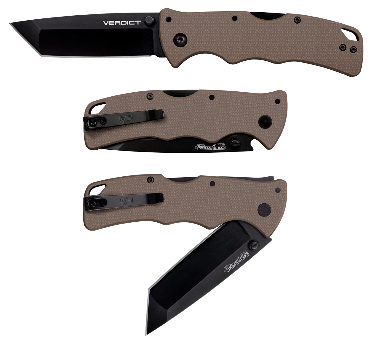 Cold Steel CSFLC3T10AFDE Verdict3" Folding Tanto Plain Black Matte AUS-10A SS Blade/Brown G10 Handle Includes Belt Clip