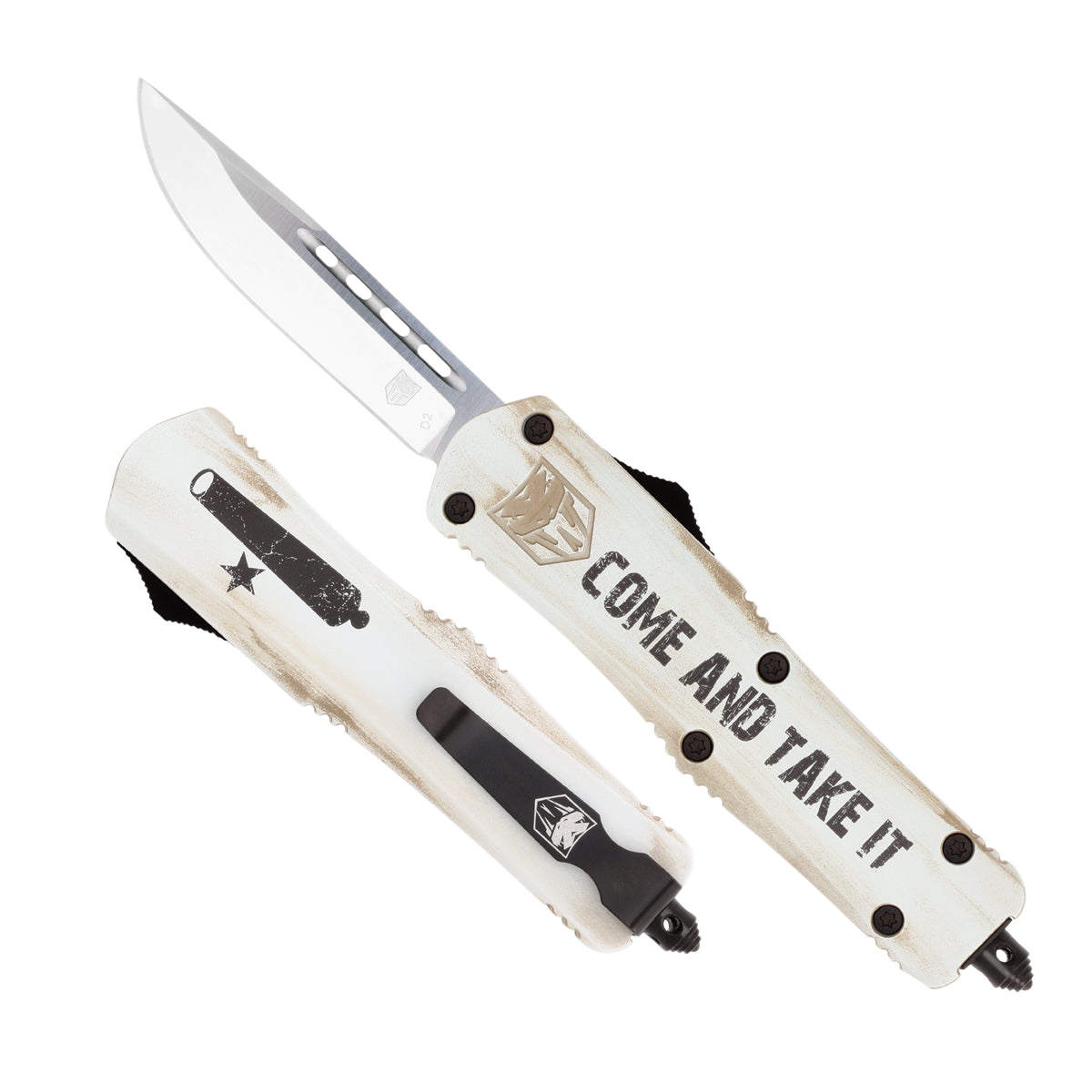 CobraTec Knives MCATIFS3DNS FS-3 Come And Take It 3" OTF Drop Point Plain 154CM SS Blade White w/"Come And Take It" Aluminum Cerakoted Handle Features Glass Breaker Includes Pocket Clip