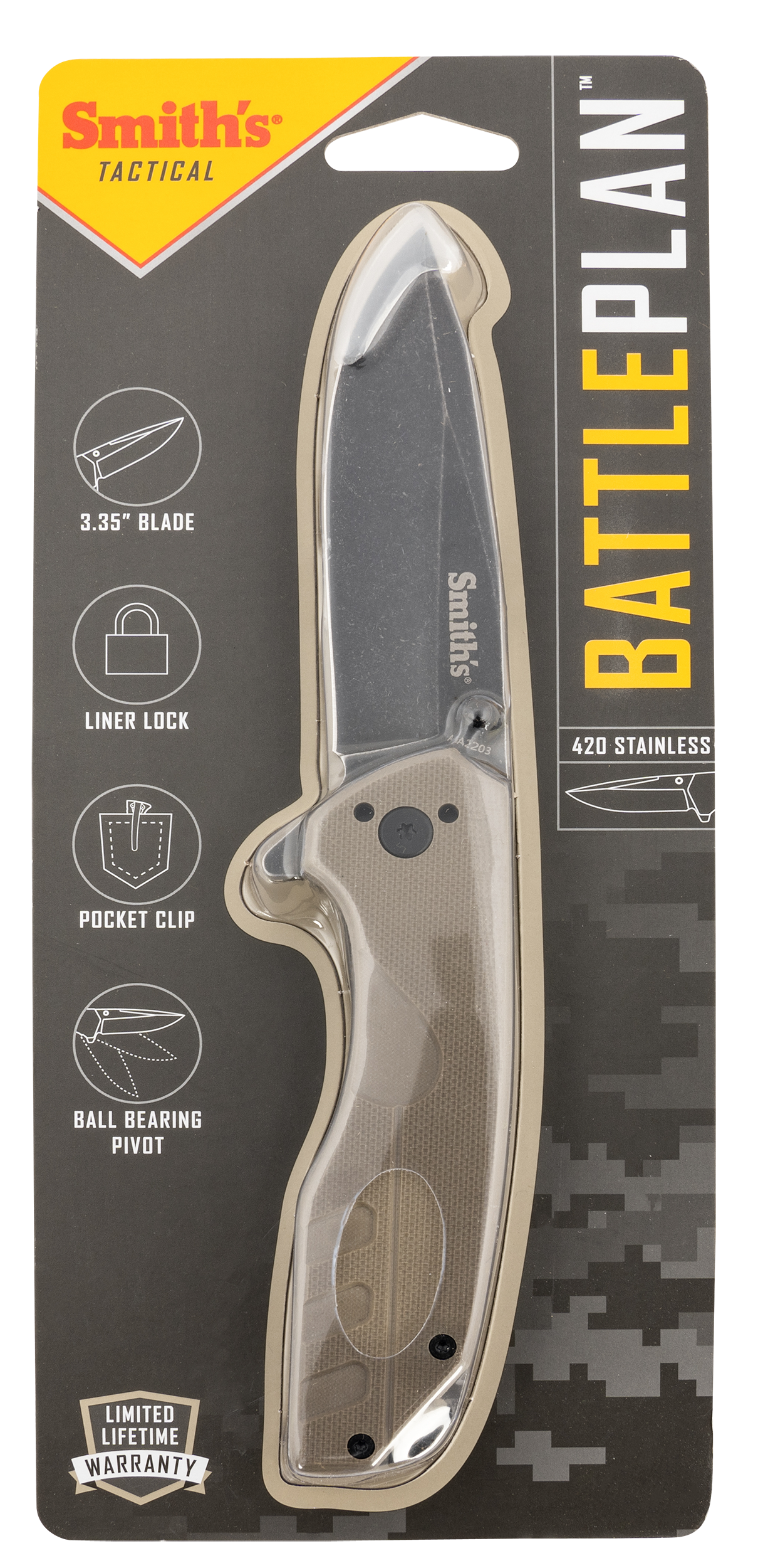 Smiths Products 50995 BattlePlan3.35" Folding Drop Point Plain Black Stonewashed 400 SS Blade/ Desert Tan G10 Handle Includes Pocket Clip