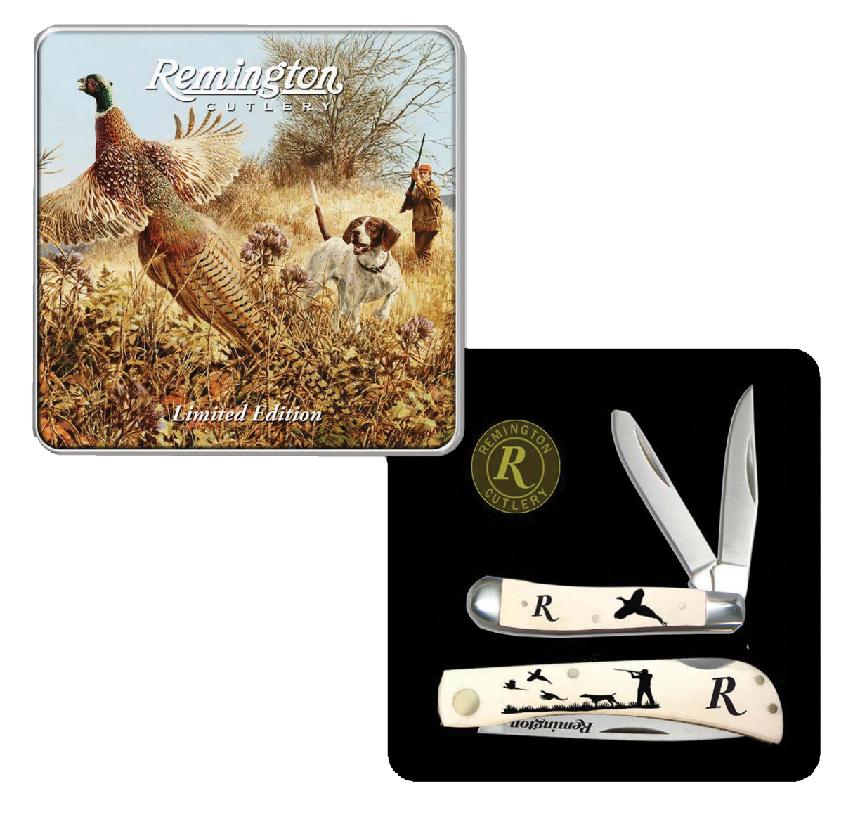 Remington Accessories 15684 Flushing Pheasant Limited Edition Gift Tin 2.75"/3.50" Folding Plain Stainless Steel Blade White w/Etched Upland Hunting Scene Bone Handle