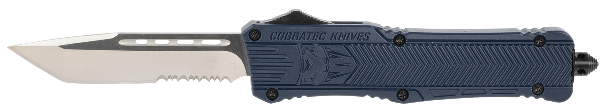 CobraTec Knives LNYCTK1LTS CTK-1Large 3.75" OTF Tanto Part Serrated D2 Steel Blade/NYPD Blue Aluminum Handle Features Glass Breaker Includes Pocket Clip