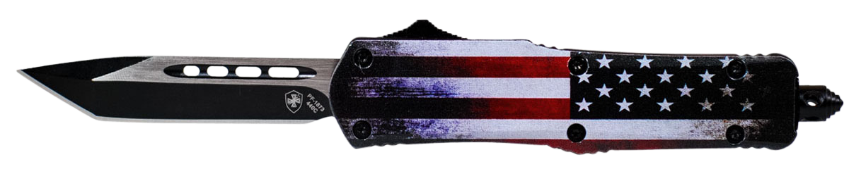 Templar Knife SUS231 US Flag Gen II Small 2.69" OTF Tanto Plain Black Oxide Stonewashed 440C SS Blade/4.31" US Flag Aluminum Handle Features Glass Breaker Includes Pocket Clip/Sheath