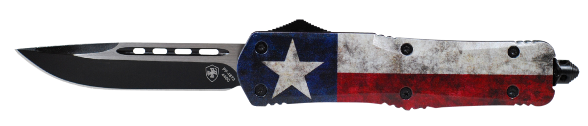 Templar Knife LCAP331 Captain Gen II Large 3.50" OTF Drop Point Plain Black Oxide Stonewashed 440C SS Blade/ 5.25" Red/White/Blue w/ Star Aluminum Handle Features Glass Breaker Includes Pocket Clip/Sheath