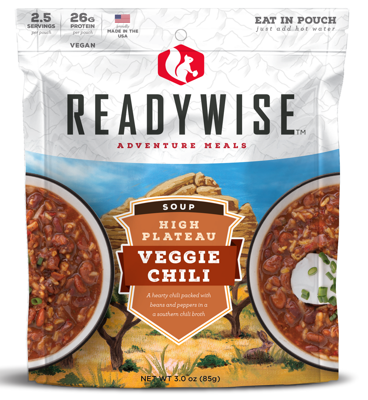 ReadyWise RW05011 Outdoor Food Kit High Plateau Veggie Chili Soup 2.5 Servings In A Resealable Pouch, 6 Per Case