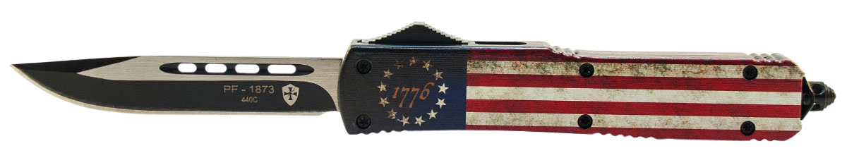 Templar Knife MBRF331 1776 Gen II Slim 3.43" OTF Drop Point Plain Black Oxide Stonewashed Black 440C SS Blade/5.05" Betsy Ross Flag Aluminum Handle Features Glass Breaker Includes Pocket Clip/Sheath