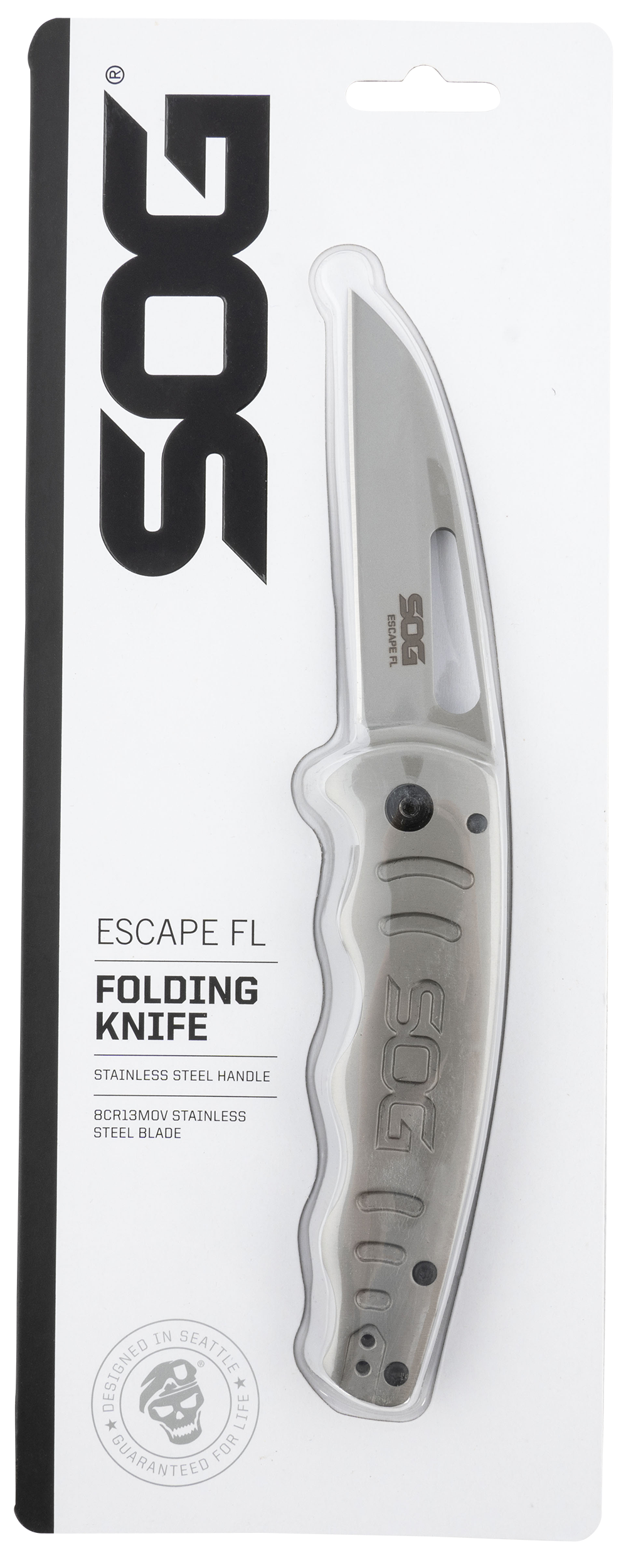 S.O.G SOG14520157 Escape FL 3" Folding Sheepsfoot Plain 8Cr13MoV SS Blade Silver w/ "SOG" Stainless Steel Handle Includes Pocket Clip