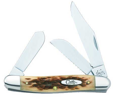 Case 00128 StockmanMedium 2.92"/2.15"/1.90" Folding Clip/Sheepsfoot/Spey Plain Mirror Polished Tru-Sharp SS Blade/Peach Seed Jigged Amber Bone Handle