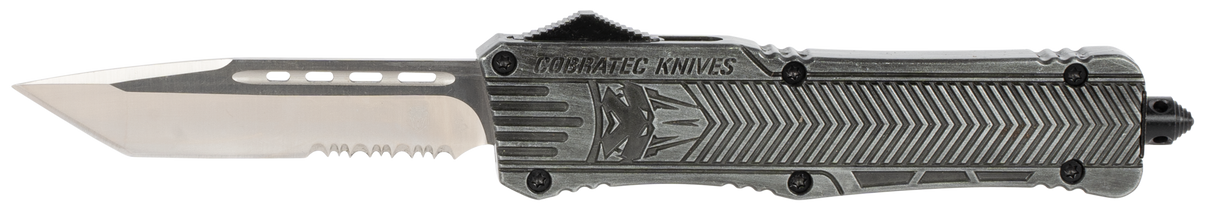 CobraTec Knives LSWCTK1LTS CTK-1Large 3.75" OTF Tanto Part Serrated D2 Steel Blade/ Stonewashed Aluminum Handle Features Glass Breaker Includes Pocket Clip