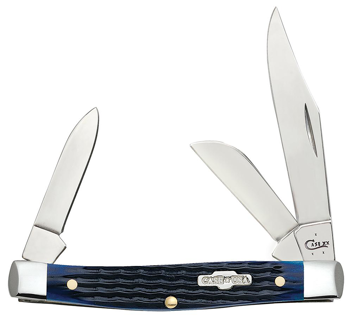 Case 02806 StockmanMedium 2.42"/1.58"/1.57" Folding Clip/Sheepsfoot/Pen Plain Mirror Polished Tru-Sharp SS Blade/Rogers Corn Cob Jigged Blue Bone Handle