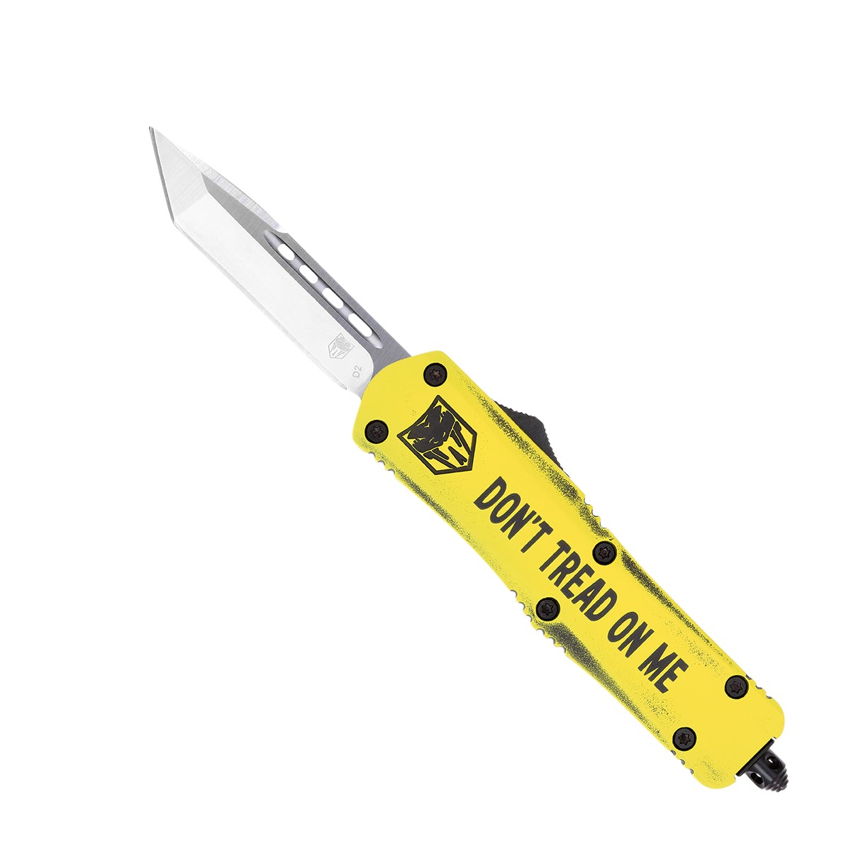 CobraTec Knives MDTOMFS3TNS FS-3 Don't Tread On Me Medium 3" OTF Tanto Plain D2 Steel Blade Yellow w/"Don't Tread On Me" Aluminum Cerakoted Handle Features Glass Breaker Includes Pocket Clip