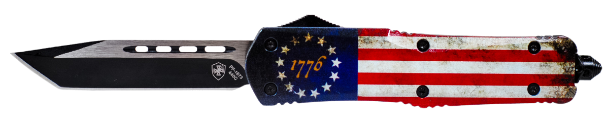 Templar Knife LBRF231 1776 Gen II Large 3.50" OTF Tanto Plain Black Oxide Stonewashed 440C SS Blade/5.25" Betsy Ross Flag Aluminum Handle Features Glass Breaker Includes Pocket Clip/Sheath