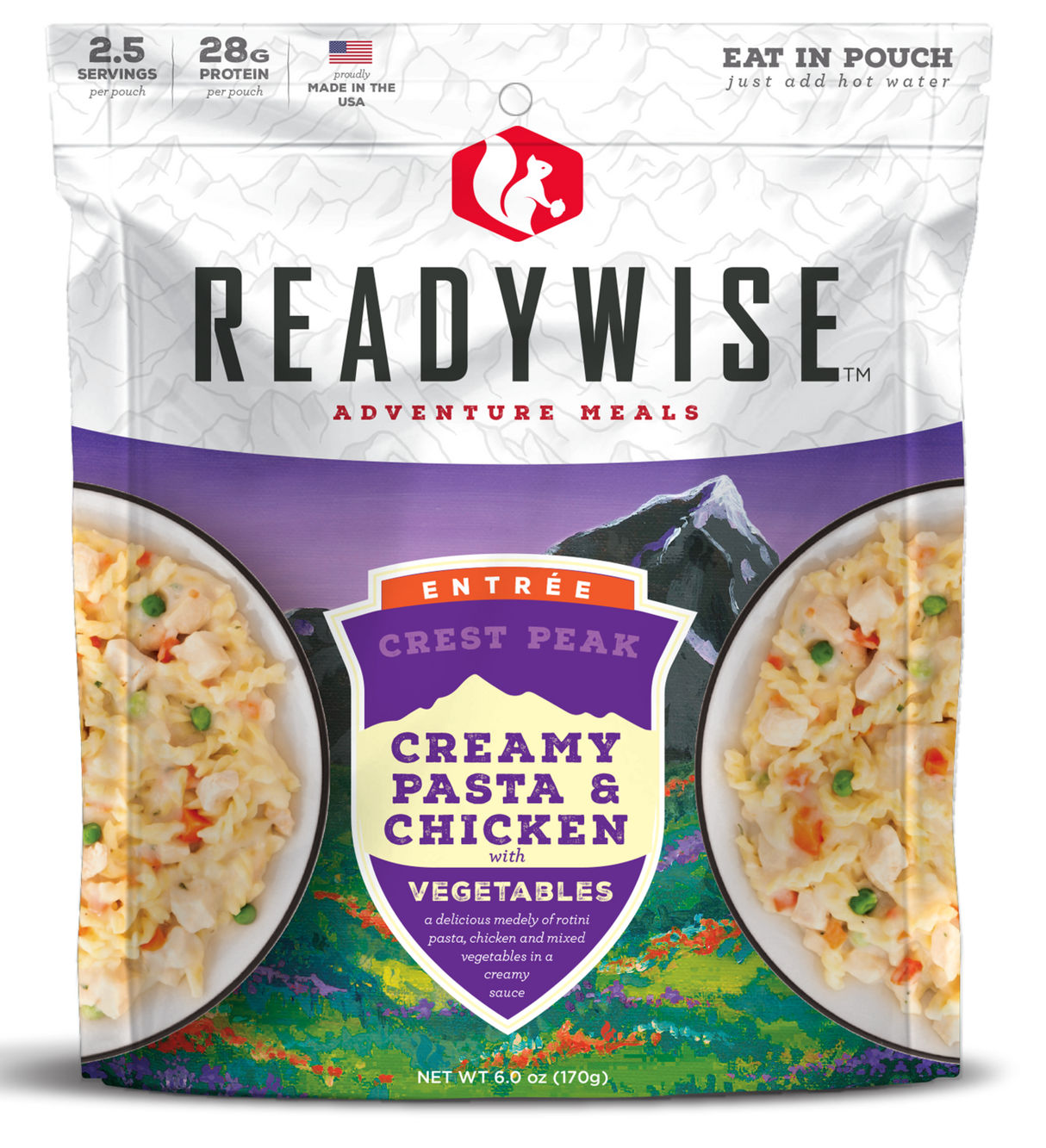 ReadyWise RW05006 Outdoor Food Kit Crest Peak Creamy Pasta and Chicken 2.5 Servings In A ResealablePouch, 6 Per Case