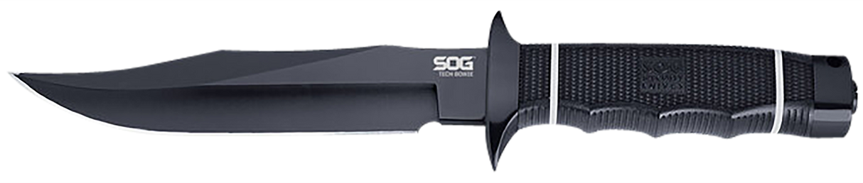 S.O.G SOGS10BK Tech Bowie6.40" Fixed Plain Clip Point Black Hardcased TiNi AUS8 SS Blade/ Black w/ White "SOG" Logo Kraton Handle