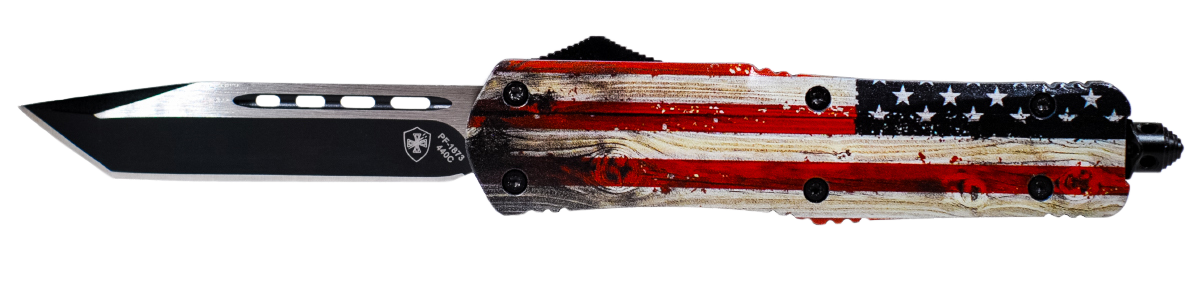 Templar Knife LWUS231 Wood US Flag Gen II Large 3.50" OTF Tanto Plain Black Oxide Stonewashed 440C SS Blade/5.25" Painted Wood Grain US Flag Aluminum Handle Features Glass Breaker Includes Pocket Clip/Sheath