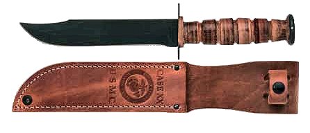 Case 00334 USMC7" Fixed Clip Point Plain Blackened 1095 Carbon Steel Blade Grooved Leather Handle