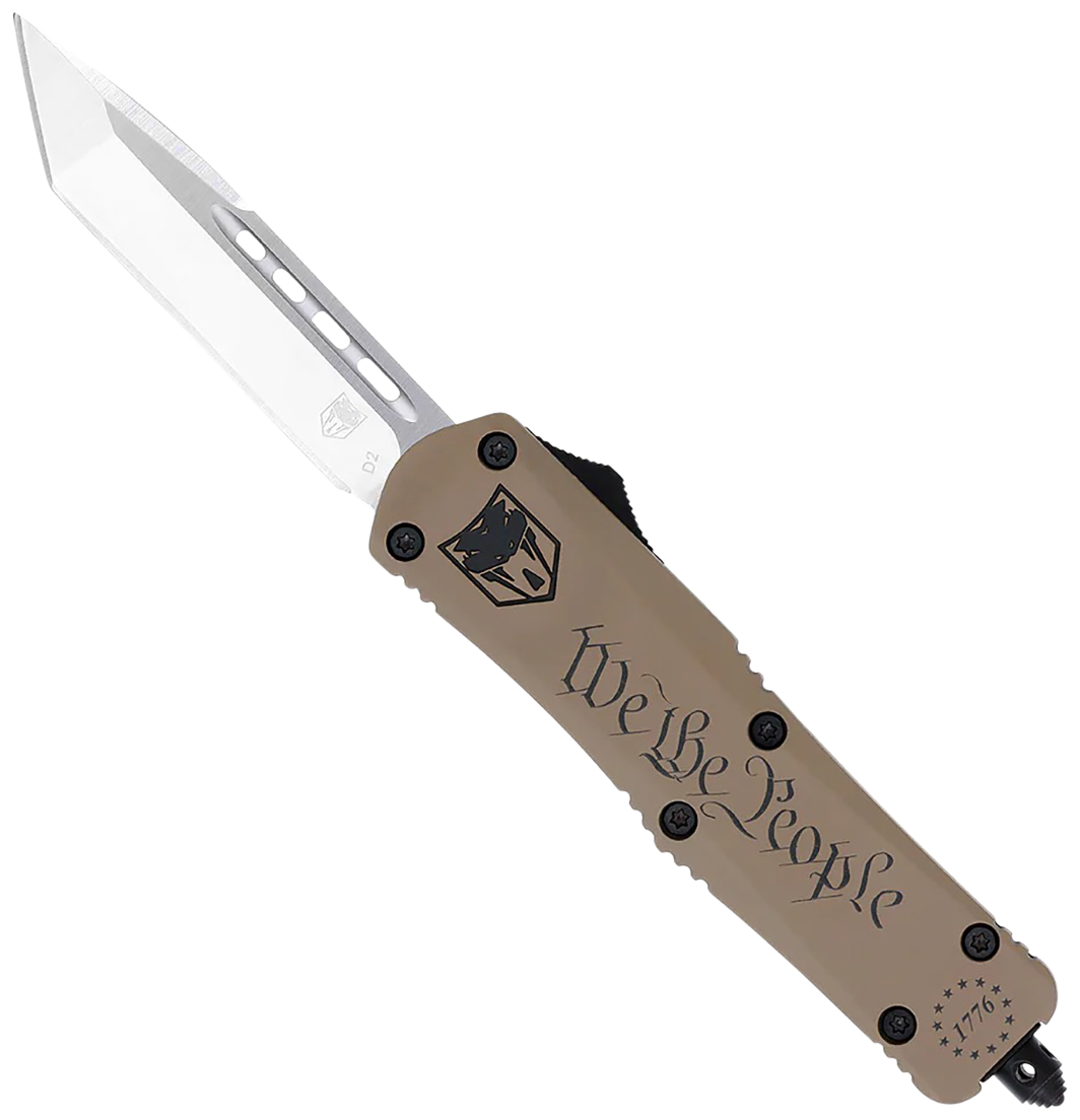 CobraTec Knives SWTPFS3TNS FS-3 We The People Small Aluminum Cerakoted OTF Tanto Plain D2 Steel Blade Tan "We The People" Aluminum Handle Includes Glass Breaker/Pocket Clip