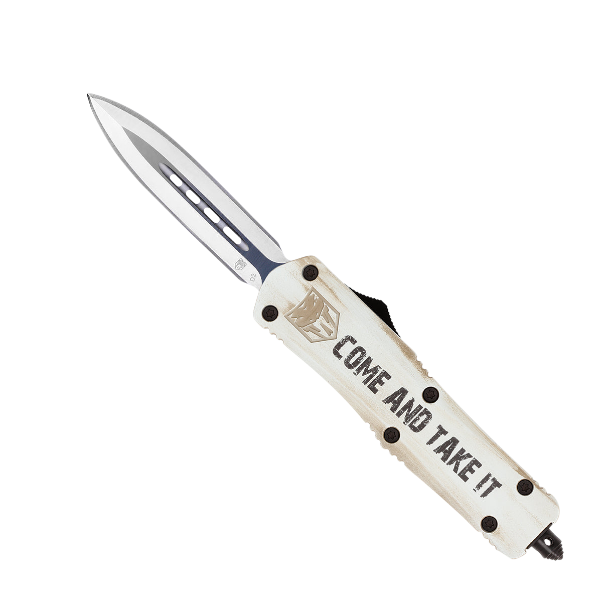 CobraTec Knives MCATIFS3DAGNS FS-3 Come And Take It Medium 3" OTF Dagger Plain D2 Steel Blade White w/"Come And Take It" Aluminum Cerakoted Handle Features Glass Breaker Includes Pocket Clip