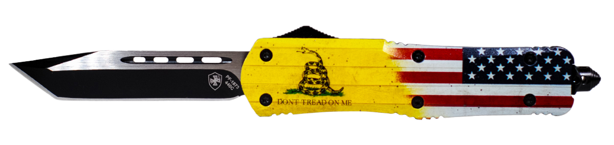 Templar Knife LDTOM231 Don't Tread on Me Gen II Large 3.50" OTF Tanto Plain Black Oxide Stonewashed 440C SS Blade/5.25" Yellow w/Flag & "Don't Tread On Me" Aluminum Handle Features Glass Breaker Includes Pocket Clip/Sheath