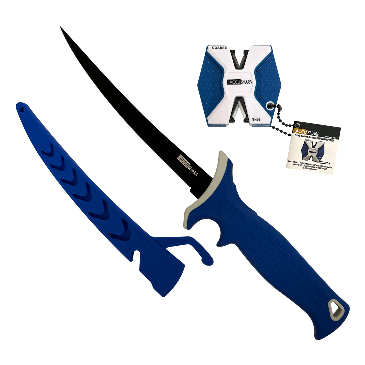 AccuSharp 736C Fillet w/Sharpener6.50" Fixed Fillet Plain Satin Titanium Coated Stainless Steel Blade/Royal Blue Ergonomic Anti-Slip Rubber Handle Includes 2-Step Sharpener