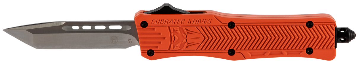CobraTec Knives SORCTK1SDNS CTK-1Small 2.75" OTF Drop Point Plain D2 Steel Blade/Orange Aluminum Handle Features Glass Breaker Includes Pocket Clip